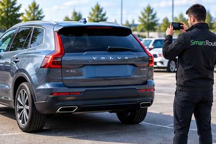 SmartRoute driver photographing the rear of a car to document its condition