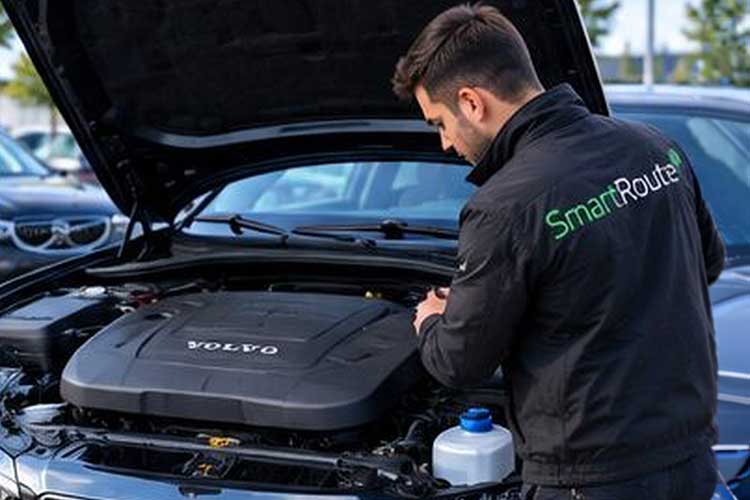 SmartRoute driver inspecting the engine and fluid levels under an open hood