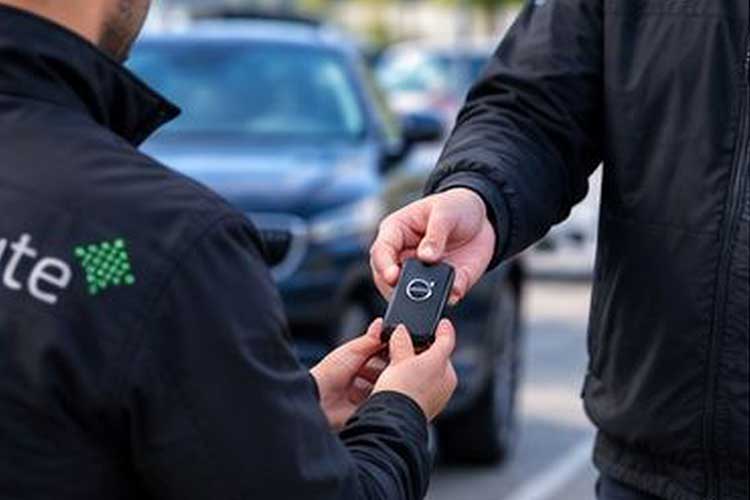 Car keys being handed over to a SmartRoute driver in a parking lot