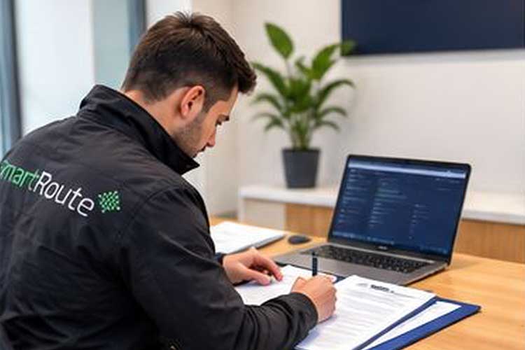 SmartRoute driver reviewing and signing the purchase contract at a desk