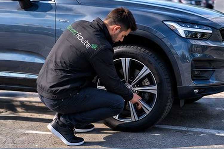 SmartRoute driver checking the tread and rim of a front tyre